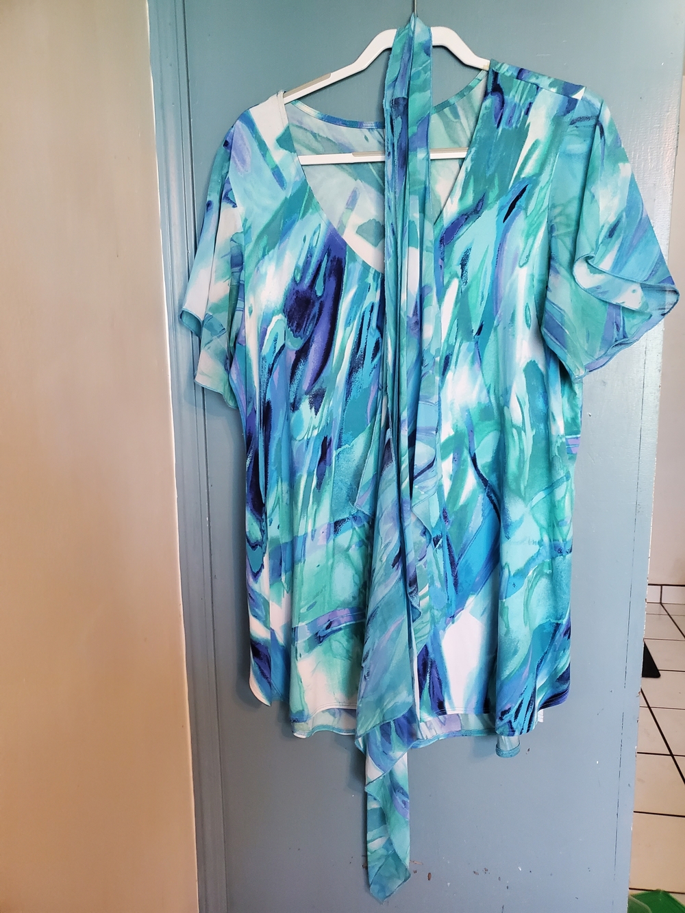 Avenue Abstract Aqua Blue Tie-Front Blouse